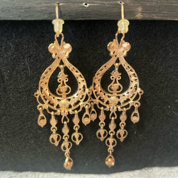 Gold Topaz Amber AB Crystal Chandelier Bridal Wedding Earrings - Picture 6 of 8